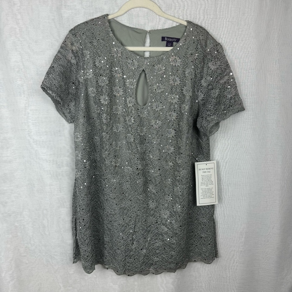 NWT Roaman's Womens 22W Special Occasions Gray Sequin Key Hole Blouse Top
